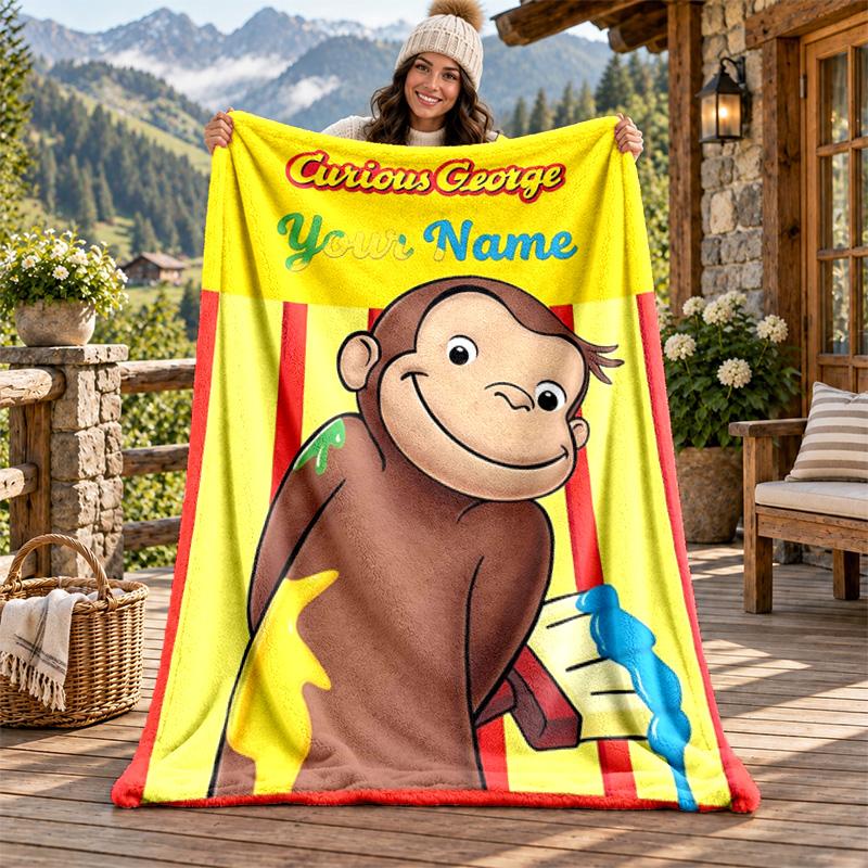 Curioso George Custom Name Flannel Blanket Personalized Soft Warm Plush Throw Blanket Customized Gift for Family Friends