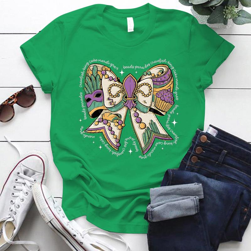 Mardi Gras Coquette Bow Design Tshirt Women Mardi Gras Vibes Vintage T Shirt Crew Neck Fat Tuesday Carnival Bow Shirt for Women
