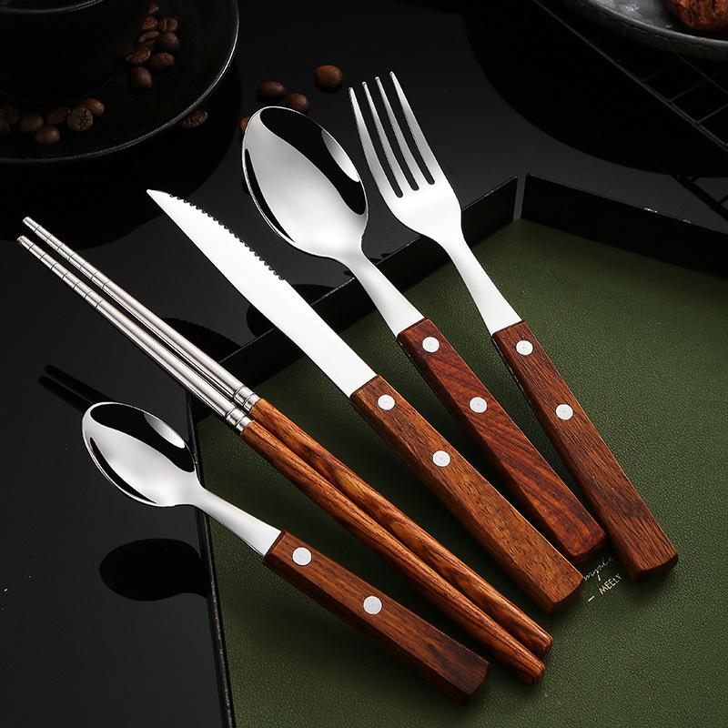 4Pcs Wooden Handle Cutlery Set Mirror Stainless Steel Dinnerware Rose Wood Handle Spoon Knife Fork Dinner Tableware Set Kitchen