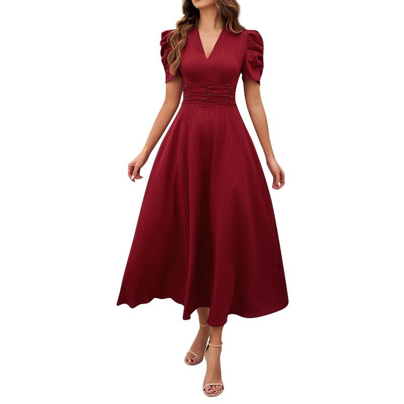 Spring and summer women's fashion temperament high waist solid color waist short-sleeved dress