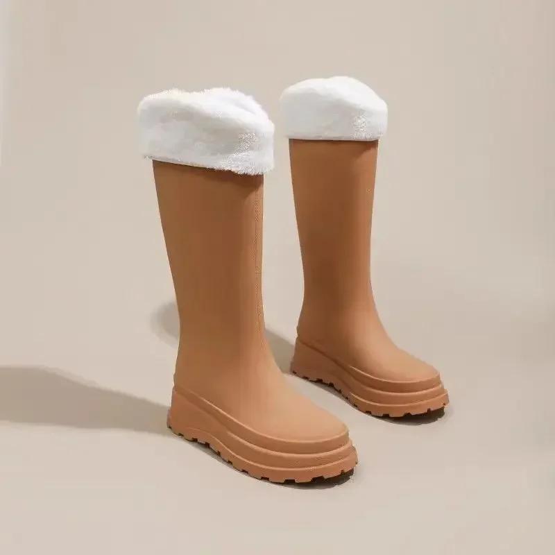 2026 Women's Rubber Rain Long Boots Plush Lined Warm Non-slip Waterproof Outdoor Platform Shoes Women's High Boots Botas Mujer