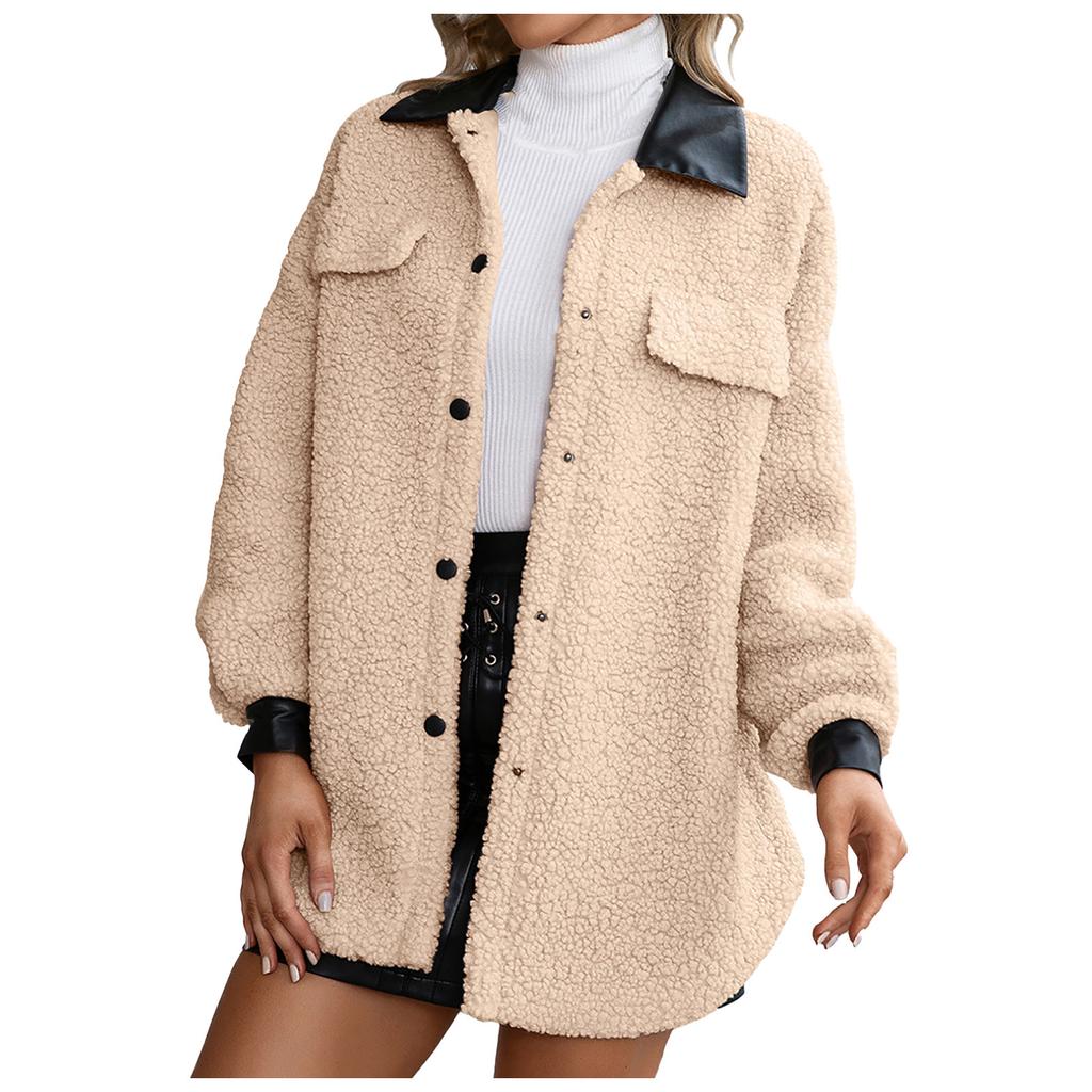 Women's  And Winter Loose Solid Color Stitching Long-sleeved Lapel Lambskin Single-breasted Warm Jacket Coat