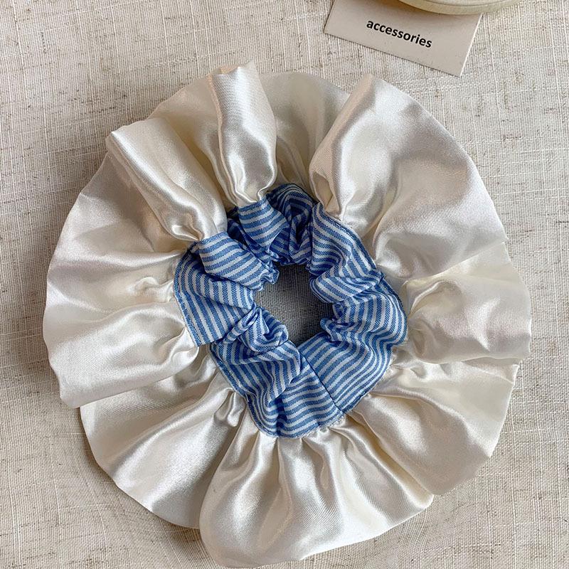 Creamy Satin Lace Blue Striped Ballet-Style Scrunchie Hair Tie