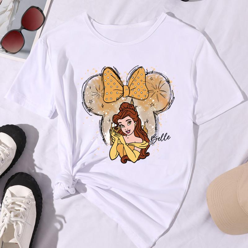 2025 New Funny Women Graphic T Shirts Kawaii Belle Disney Princess Women Clothes Summer Clothes Women Tops