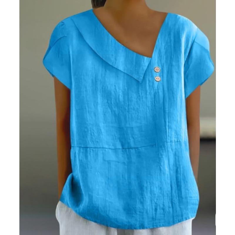 Cotton and Linen Slanted Collar Button Fashionable Casual Top Design Sense Women’s Blouses & Shirts