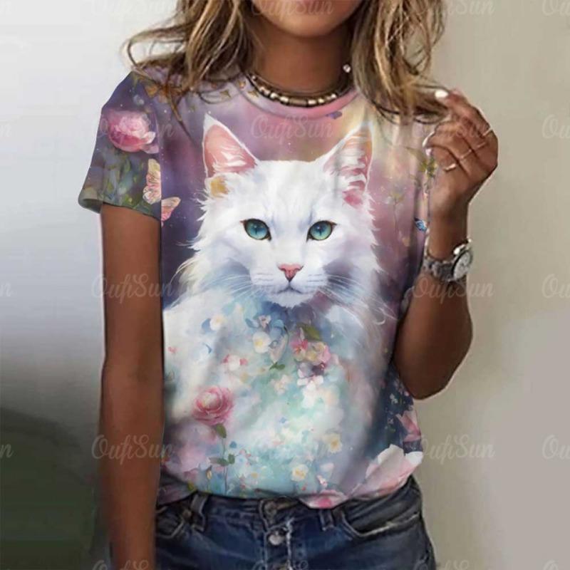 Damen Niedliches Katze Kurzarm T-Shirt Weihnachten Tiere Aufdruck Rundhals T-Shirt 2024 Mode Kleidung Sommer Lässig Oversize