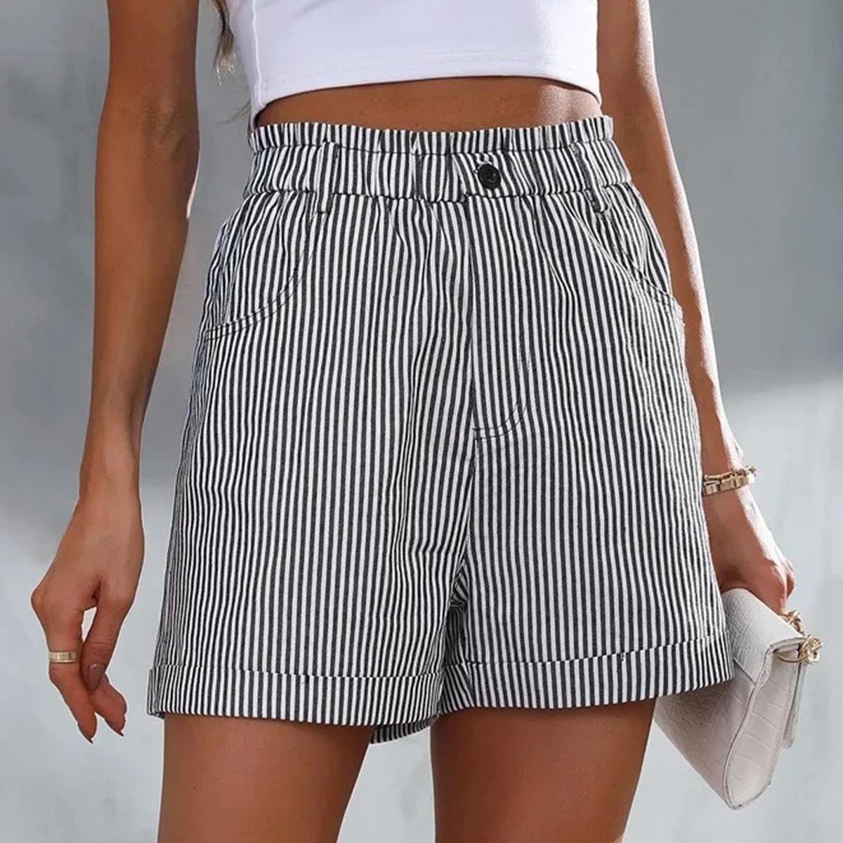 Women S High Waisted Striped Shorts Elastic Waist Casual Summer Shorts With Pocket S