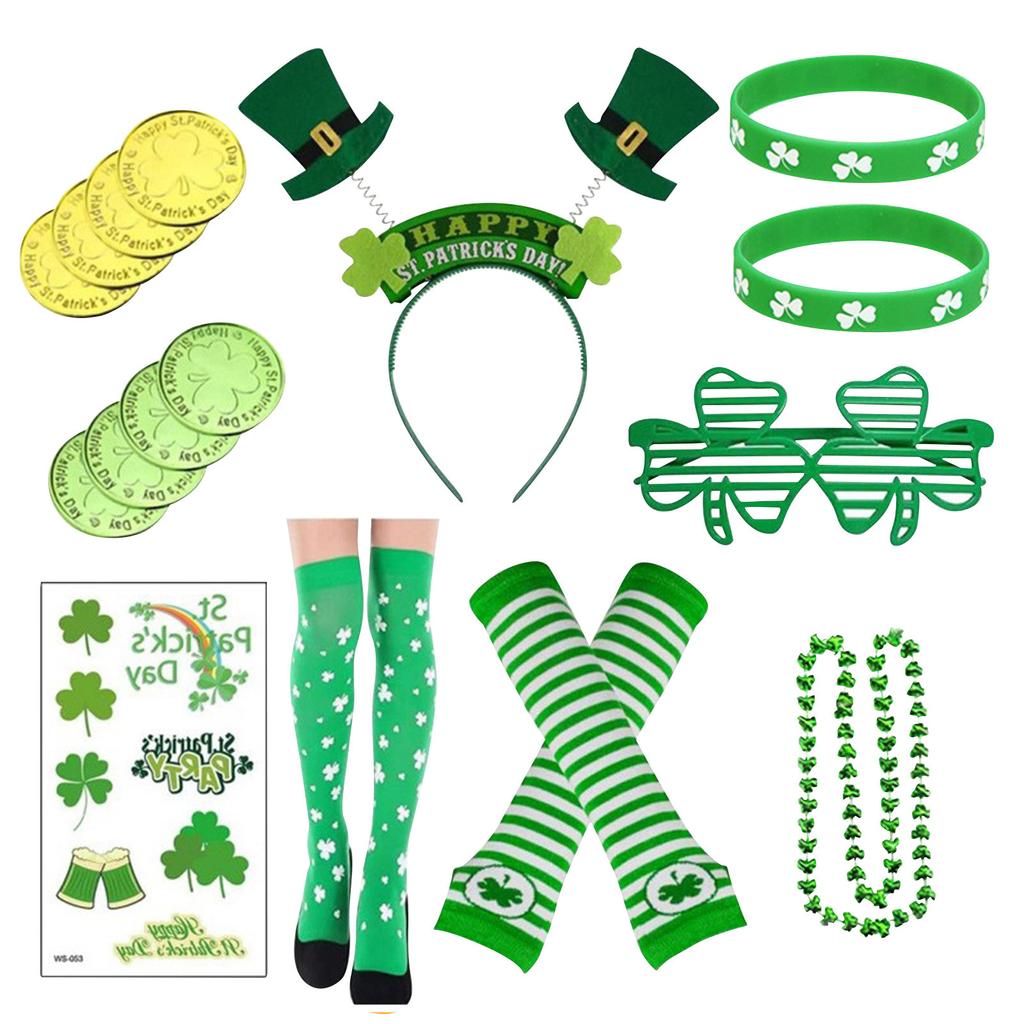 St. Patrick's Day Irish 16 Piece Glove Set With Blinds, Headband, Stockings, Necklace, Glasses, Women's Set ,1set