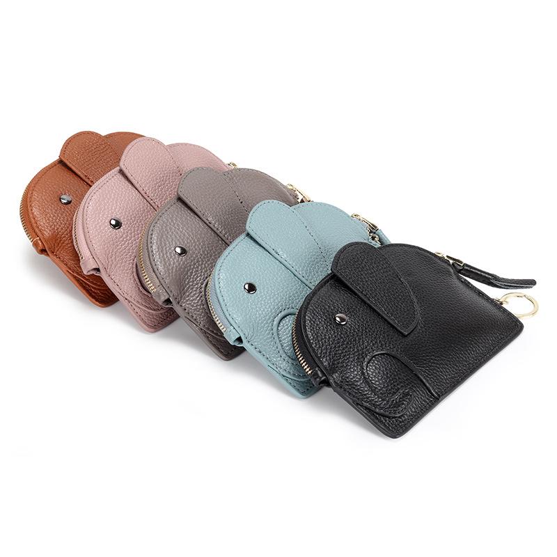 Women's Top Grain Cowhide Mini Coin Purse with Elephant Keychain - Cute, Japanese Style, Real Leather, Super Thin
