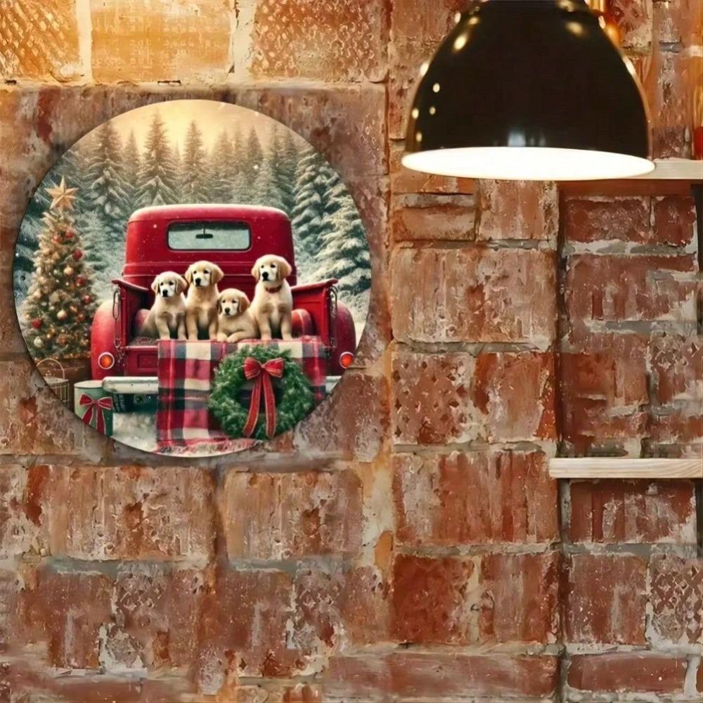 Rustic Round Metal Sign Dog Red Truck Christmas Wall Decor