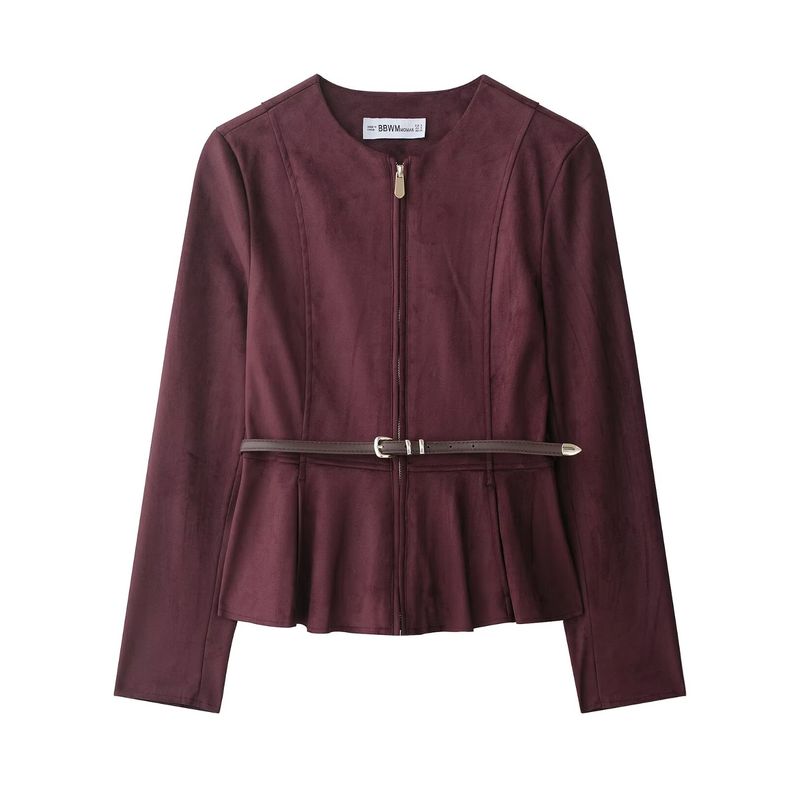 

Counter Same Zbzr New Fall Women s Clothing with Belt Suede Short Skirt Jacket Outwear 3046280 Burgundy L