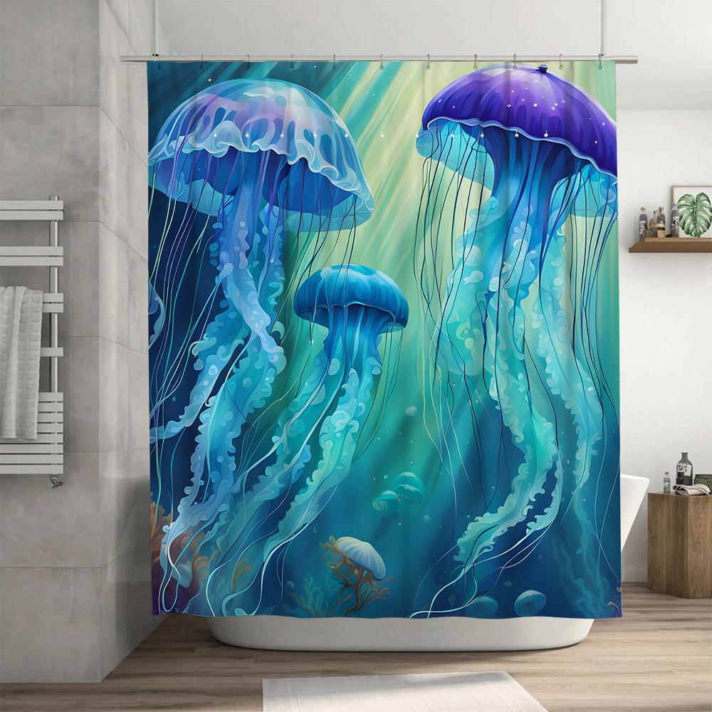Underwater World: Colorful Jellyfish Shower Curtain Set for Bathroom Decor 72x84 inches Water-resistant Fabric with Hooks Includ