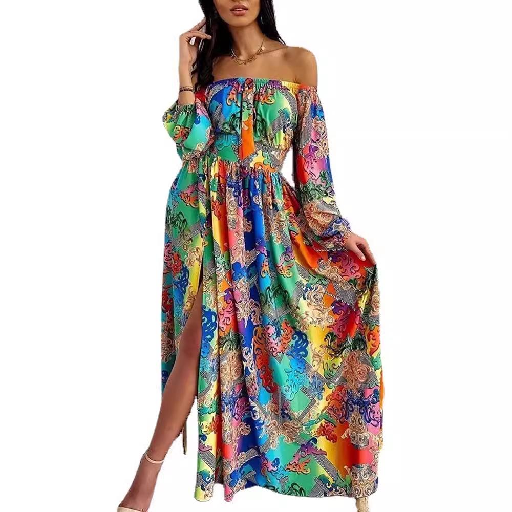 V-neck Vintage Long Sleeve Slit Dress with European & American Print