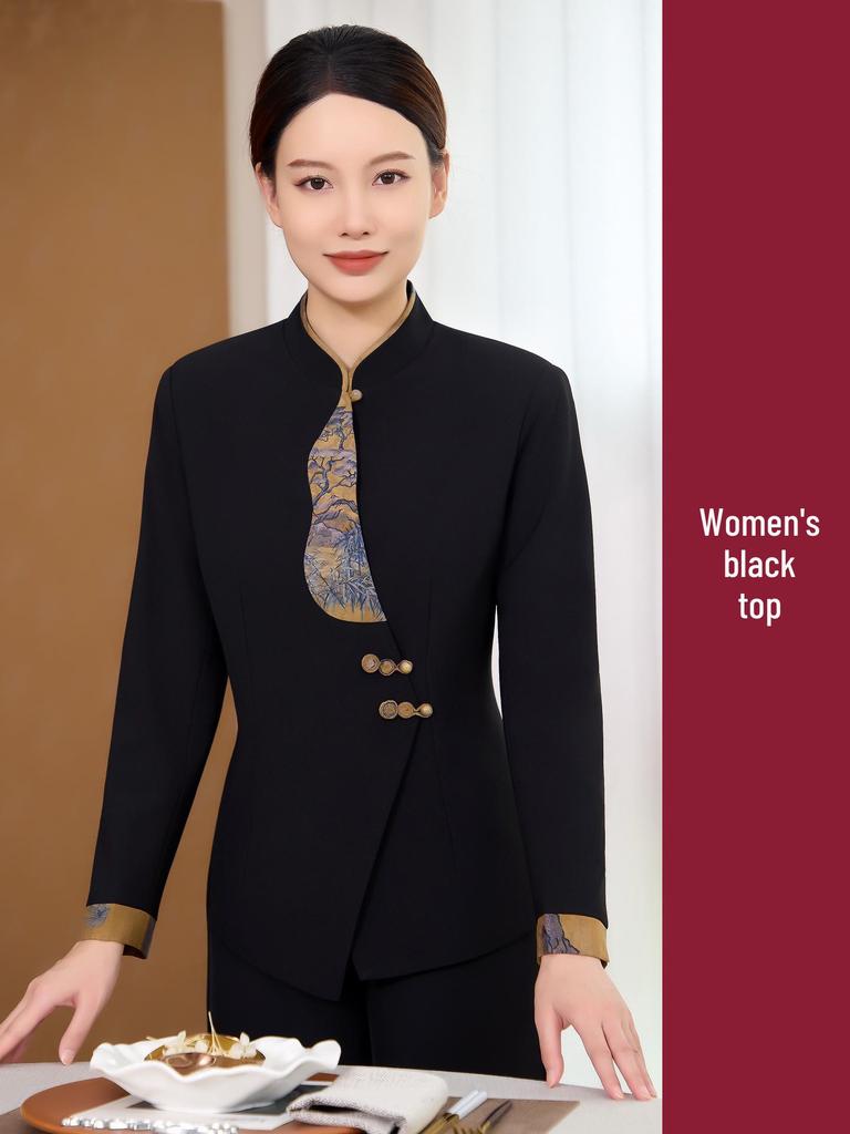 Chinese Restaurant Waiter Uniform - Long Sleeve for Autumn/Winter, Ideal for Hotel and Hot Pot Restaurants Front Desk Staff.
