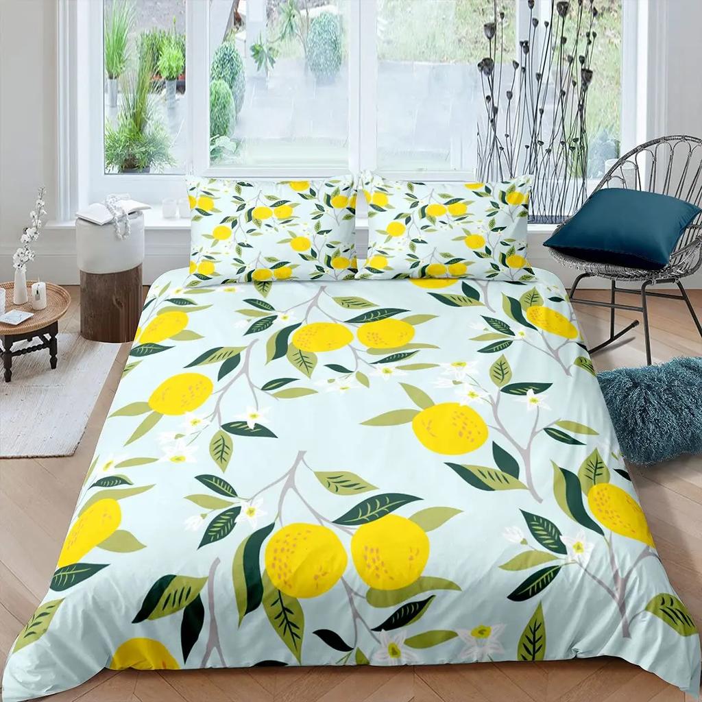 Lemon Duvet Cover Set,Bedding Set 3pcs for Teens Room,Botanical Natural Bright Yellow and Black Quilt Cover with 2 Pillowcases