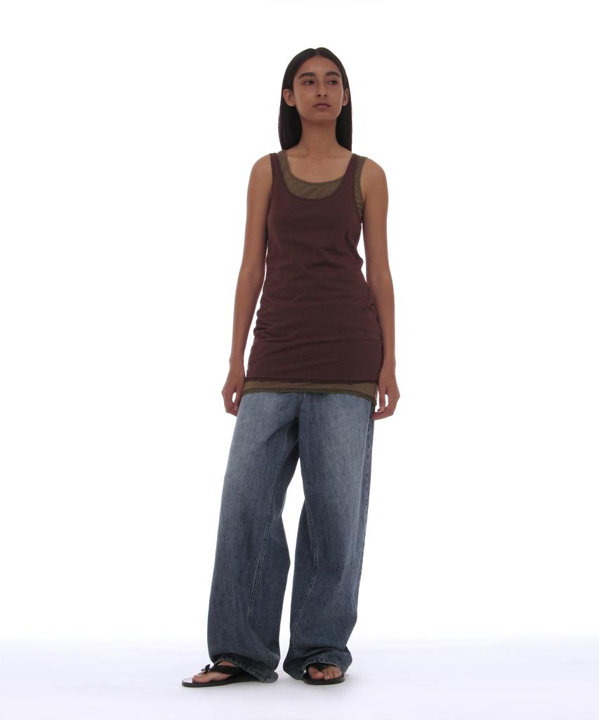 Partimento Woman Pwc Lace Trim Two-In-One Sleeveless Dress Top_Brown