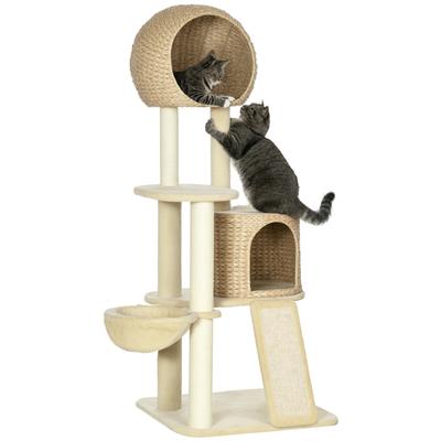 Cat Tree, with Cat House, Multiple Platforms, Hammock, Scratching Mat, Anti-Tip Protection, Beige, 60 X 60 X 150cm