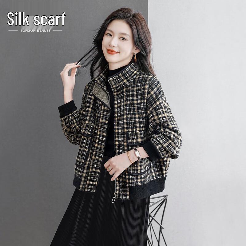 

Women s Stand Collar Plaid Jacket L