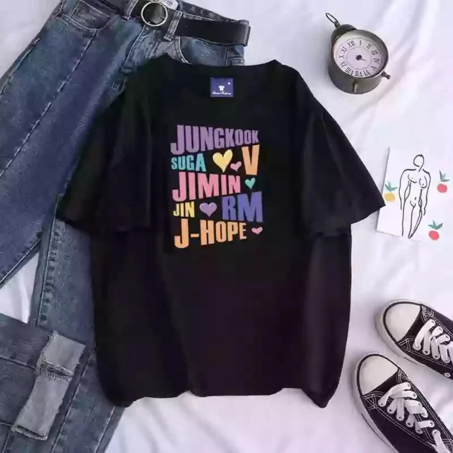 Kpop Printed Women s T Shirt Jungkook Jimin V J-Hope Rm Jin Short-Sleeved Casual Fashion Top T-Shirt S чёрный