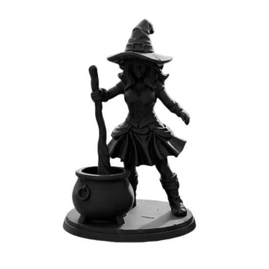 3D Printed Witch Statue Halloween Cauldron Figurine, Spooky with Black Pot, Fantasy Table Ornament Gothic Small Desktop for Tabletop Mantel