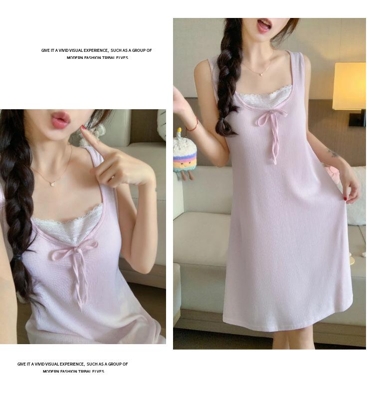 2026 Summer Blue Sleeveless Nightgown with Chest Pads - Women's Sweet Pure Desire Style