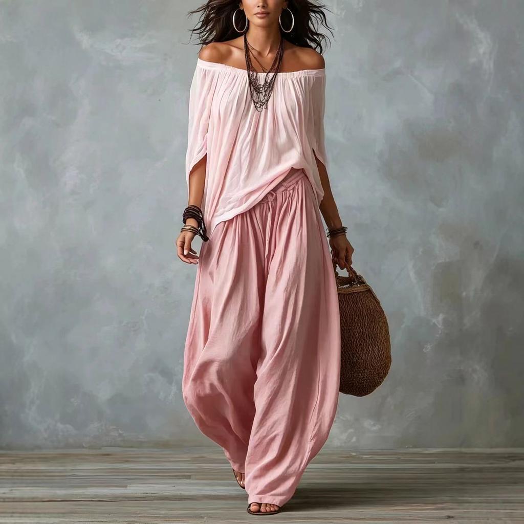 1116 Nuovo completo estivo europeo e americano di alta gamma casual con pantaloni a gamba larga e top monospalla per donna