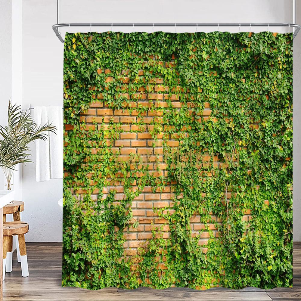 Green Vines Bathroom Curtains Brik Stone Wall Plants Bath Decorations Shower Curtain Polyester Fabric Bathtub Curtain With Hooks