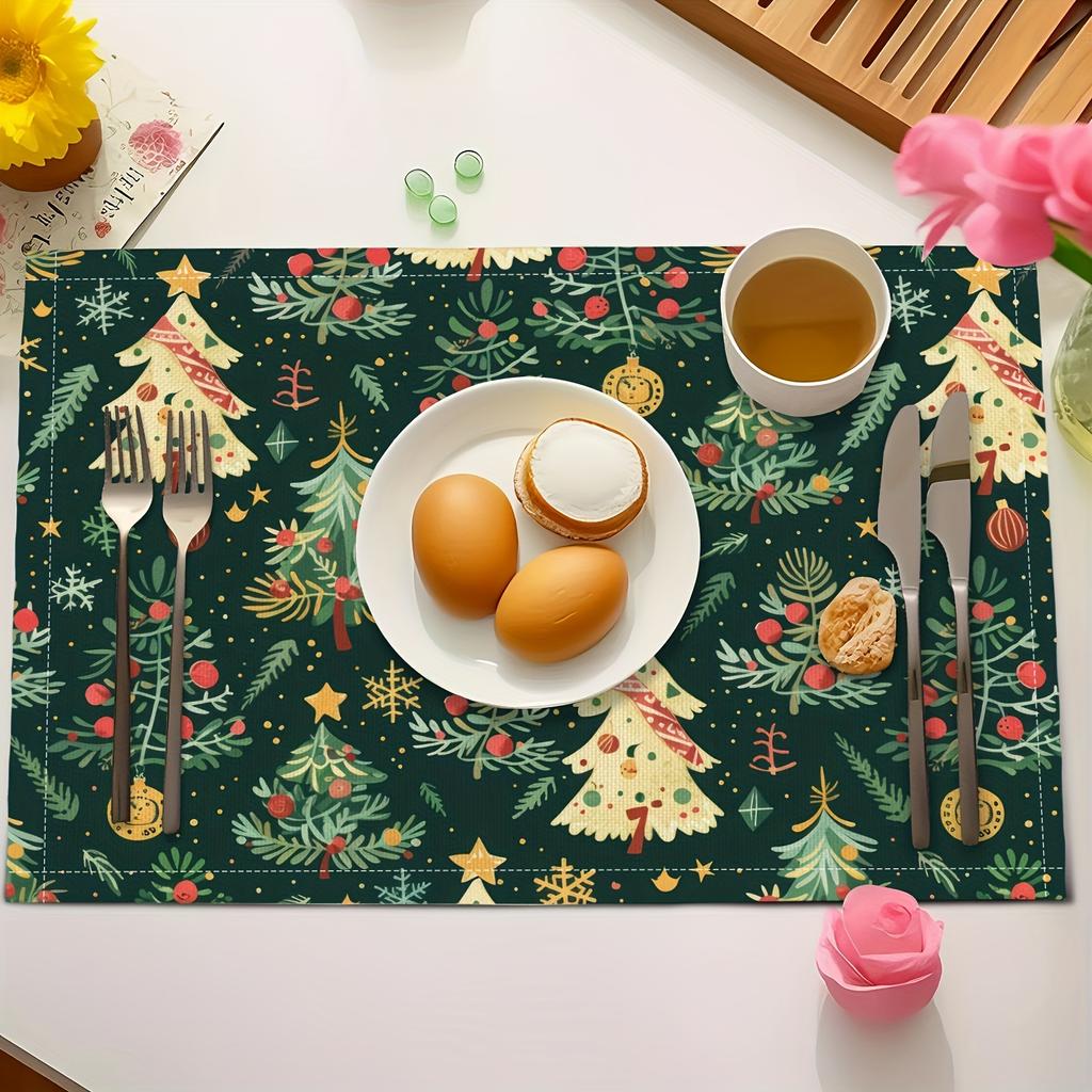 4-Pack Christmas Placemats 12x18 Inches, Festive Green Christmas Tree Print, Linen Table Mats for Holiday Dining and Kitchen Decor, Rectangular Woven