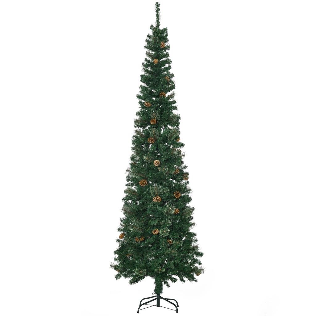 Christmas Tree 225cm with 706 Branches, Narrow Pencil-Shaped Christmas Tree with 56 Pine Cones, Foldable Base, Green