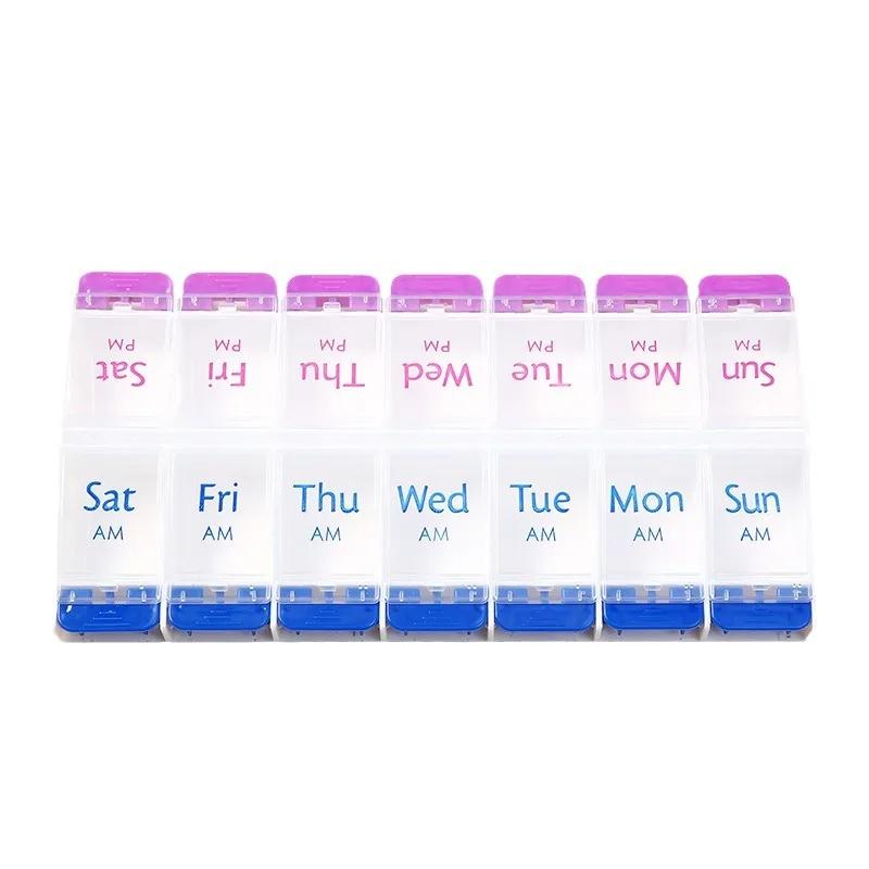 Tragbare, federbelastete Pillendose mit 14 Fächern, großem Fassungsvermögen, versiegelt und feuchtigkeitsbeständig mit unabhängigen Fächern