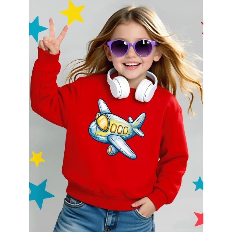 European sizes Kids Sweatshirts, Girls' Autumn Winter Cute Cartoon Airplane Print Long Sleeve Round Neck Sweatshirt, Casual Daily Wear.