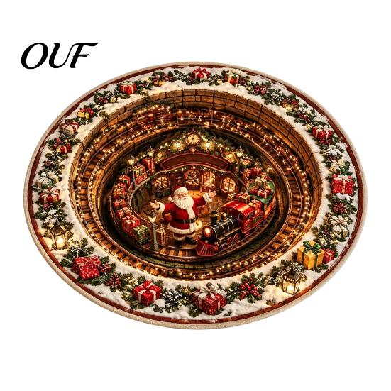 Christmas Party Supplies 3D Round Rug, Optical Illusion Area Santa Claus Deep Hole Floor Mat Prints, Non-slip Welcome Rug for Entrance Living
