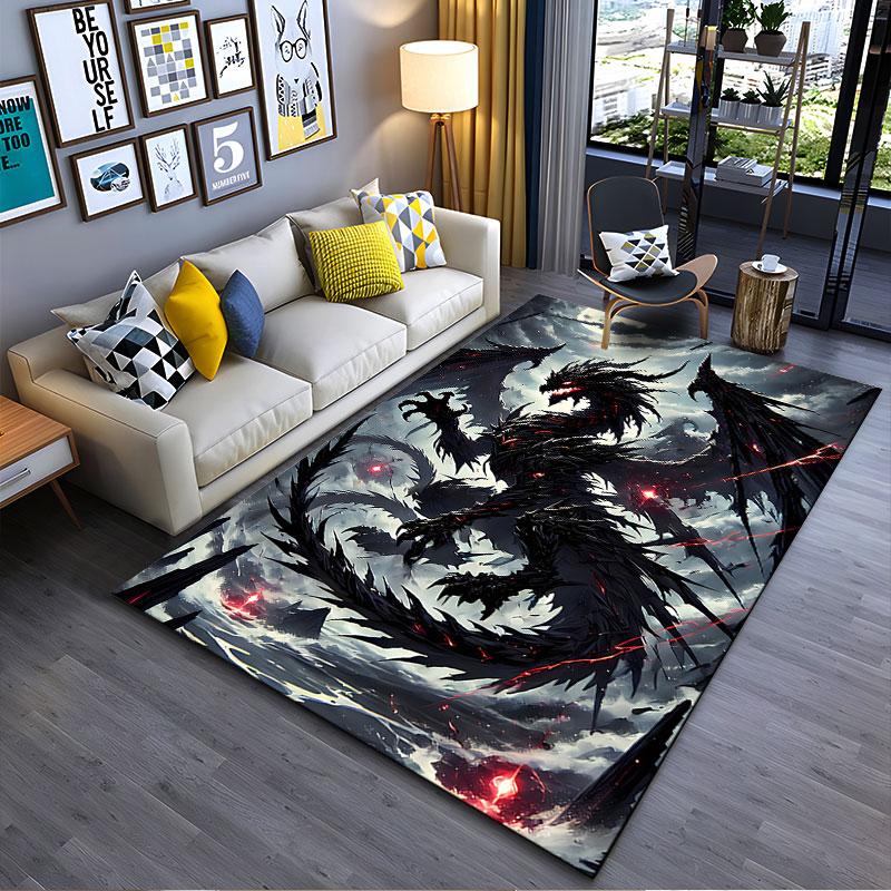 Dark Dragon with Fiery Eyes suitable as a non-slip mat for the living room or bedroom sofa