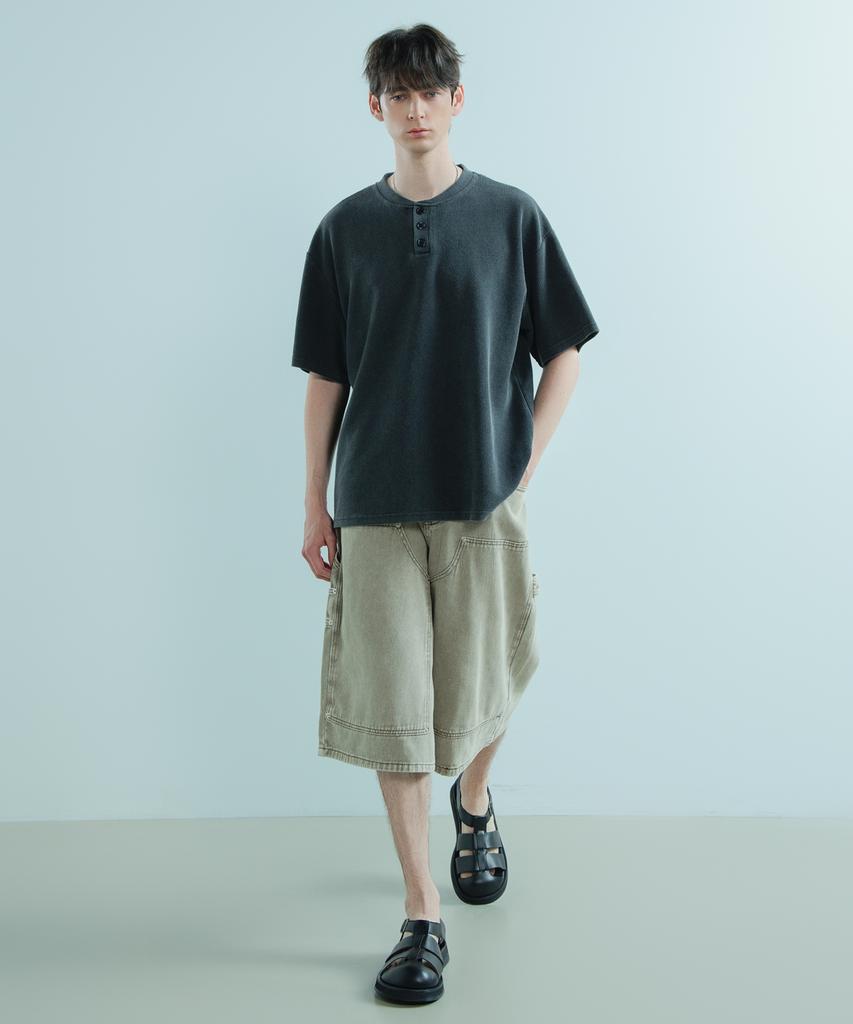 LOGSTORE Waffle Henley Neck Washed T-Shirt