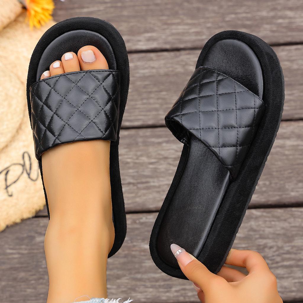 Women's Wide Width Platform Sandals - Slip-On Checkered Slide Sandals with Wide Strap, Casual Thick Sole Flat Sandals