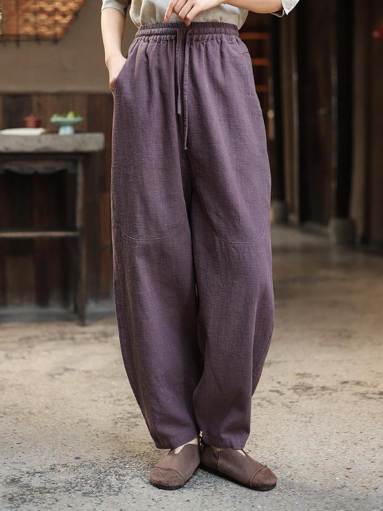 Spring New Cotton Linen Women's Elastic Waist Lantern Pants