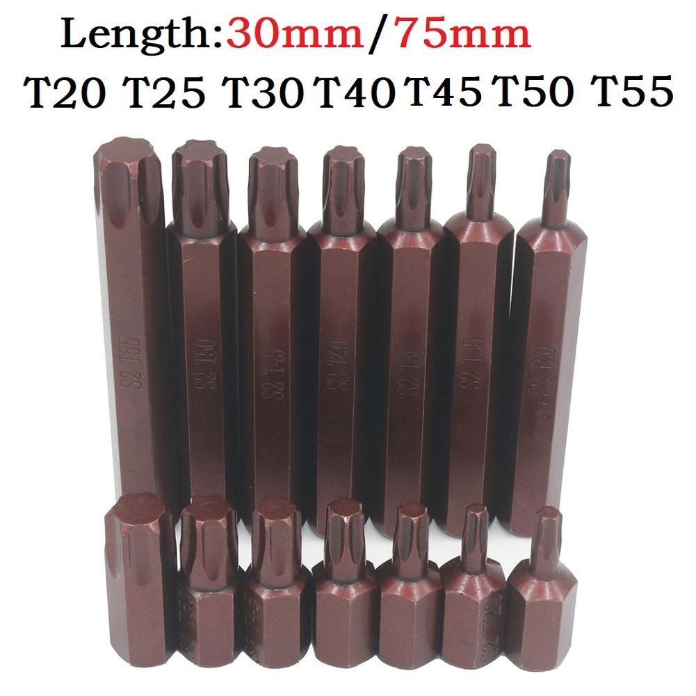 1PC Torx Star Screwdriver Bits 30mm/75mm Hex Shank T20/T25/T30/T40/T45/T50/T55 Impact Driver Magnetic Anti Slip Electric Hex