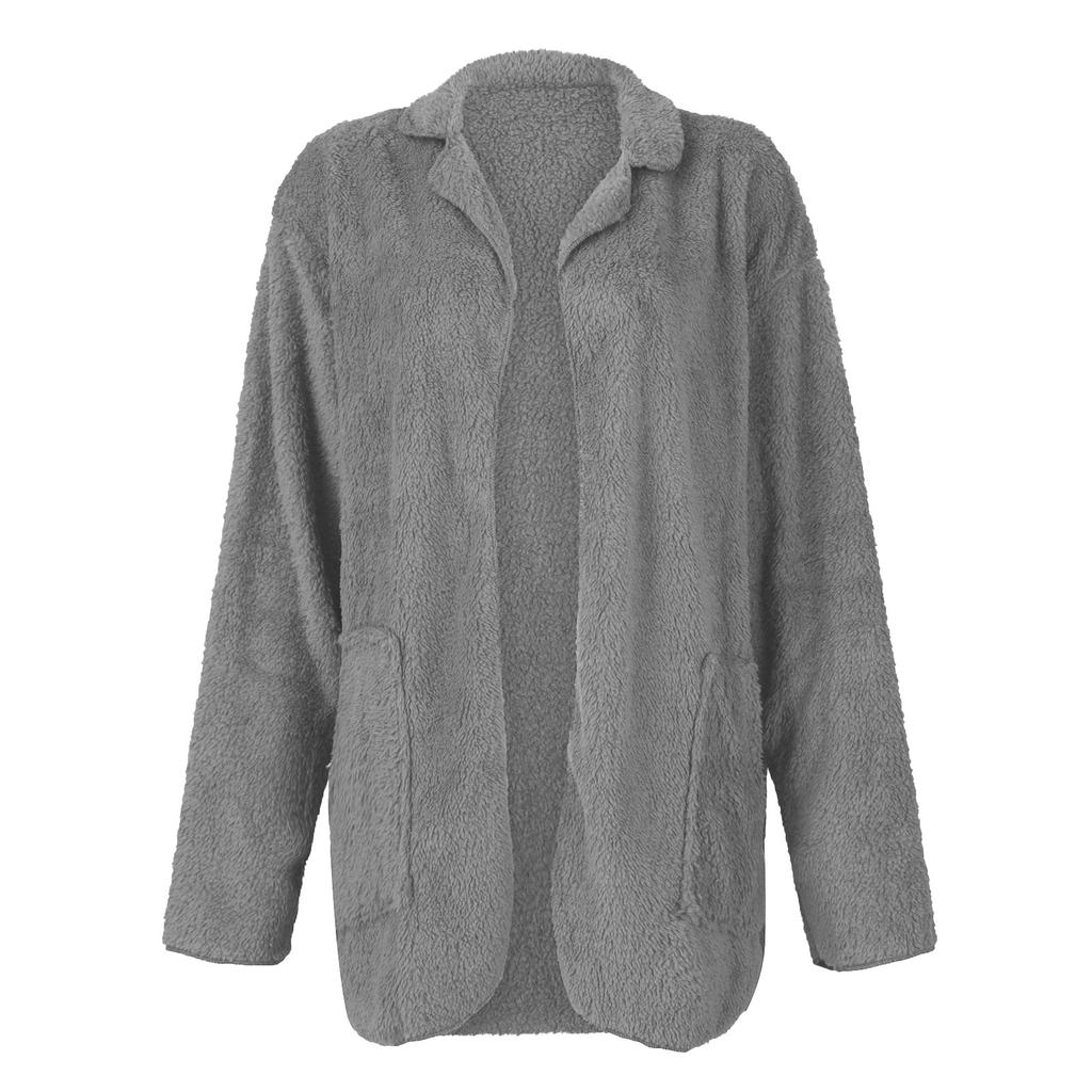 Damenmode-Plüschanzug mit Revers, lockerer, langärmliger, mittellanger, einfarbiger Jacke