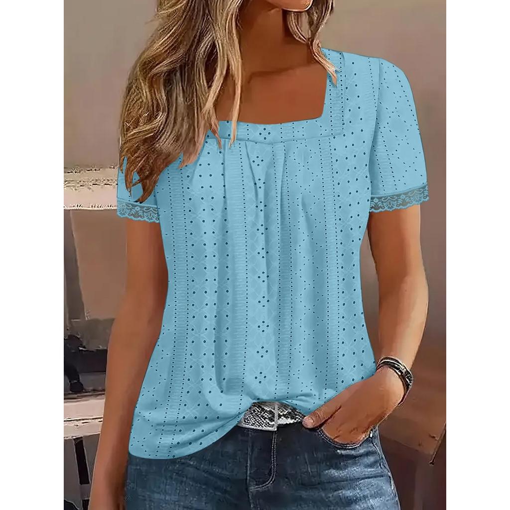 Summer Women's Square Neck Short Sleeve Eyelet Jacquard Casual T-shirt Top, European American Fashion Crossbody New Arrival