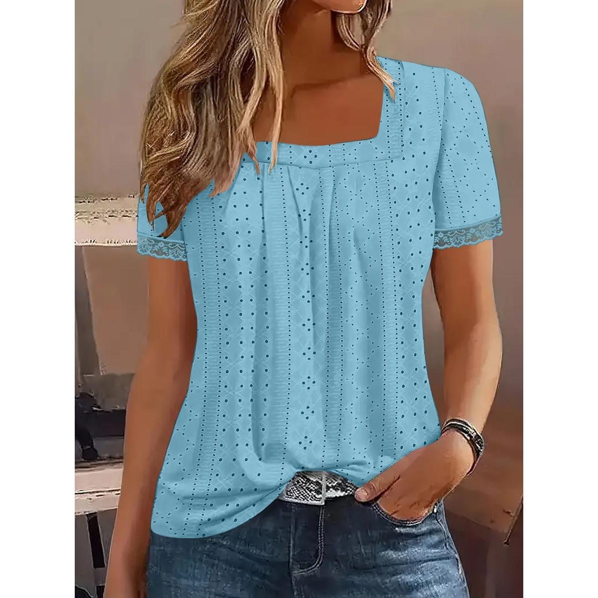 

Summer Women s Square Neck Short Sleeve Eyelet Jacquard Casual T-shirt Top, European American Fashion Crossbody New Arrival XXL небо синє кольору