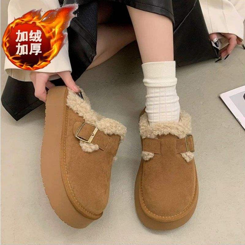 

Биркенштоки на толстой подошве, осенне-зимняя верхняя одежда 2025, новые шлепанцы-педали с закрытым носком, с набивкой и утолщенные, пушистые теплые хлопковые шлепанцы 40