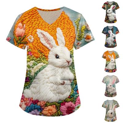 Women's Fashion V-neck Short-sleeved Work Clothes With Pockets Easter Print Top Care Wear