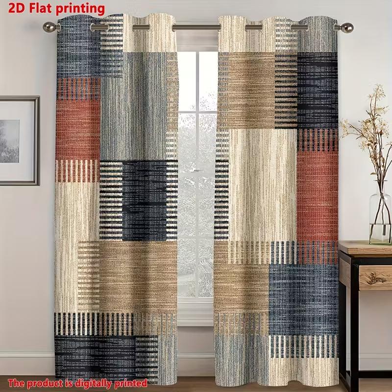 2pcs 2D Flat Colorful Patchwork Geometric Plaid Modern Minimalist Curtains, Polyester Material Softens Light Privacy Protection