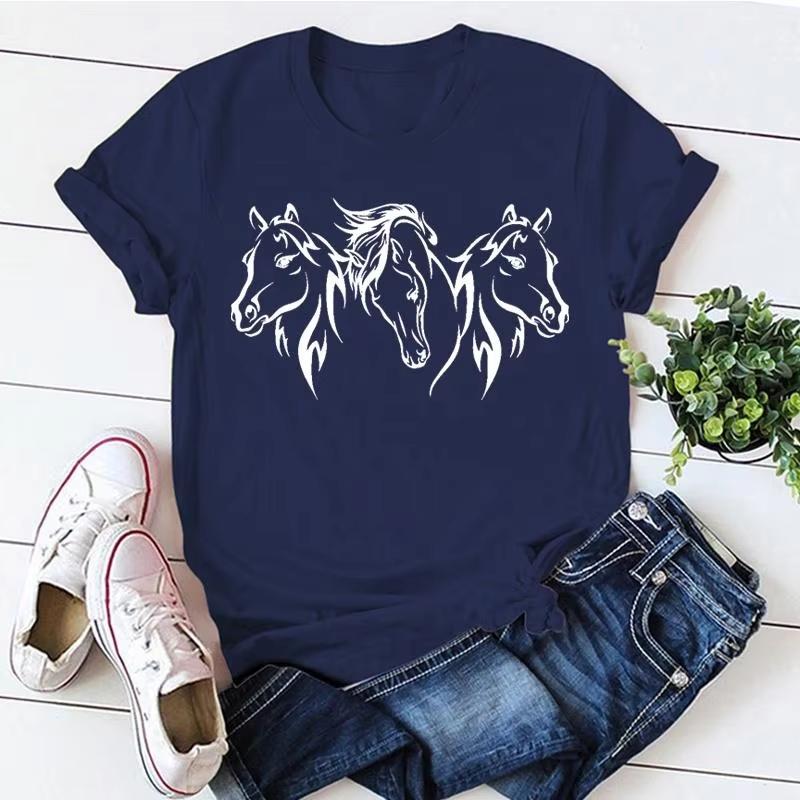 

Cute Horse Head Print Tshirts For Women Summer Lovely Short Sleeve Casual Tshirts Funny Ladies Round Neck Tops 4XL
