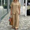 Women's Casual Two Piece Set Linen Fabric Asymmetric Button Detail Top Wide Leg Pants Relaxed Fit Lightweight Summer Outfit