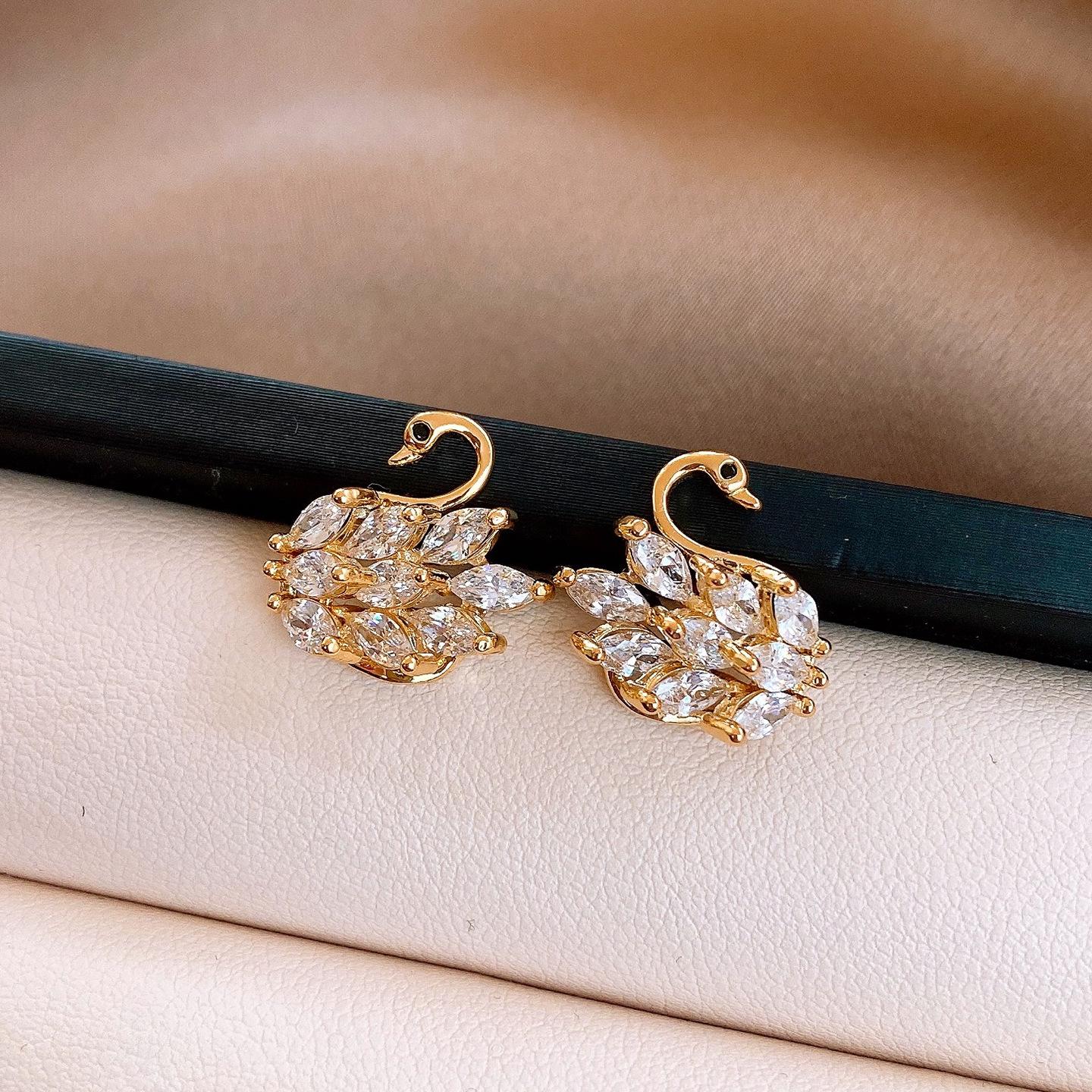 18k real gold zircon swan stud earrings Korean exquisite versatile earrings for women