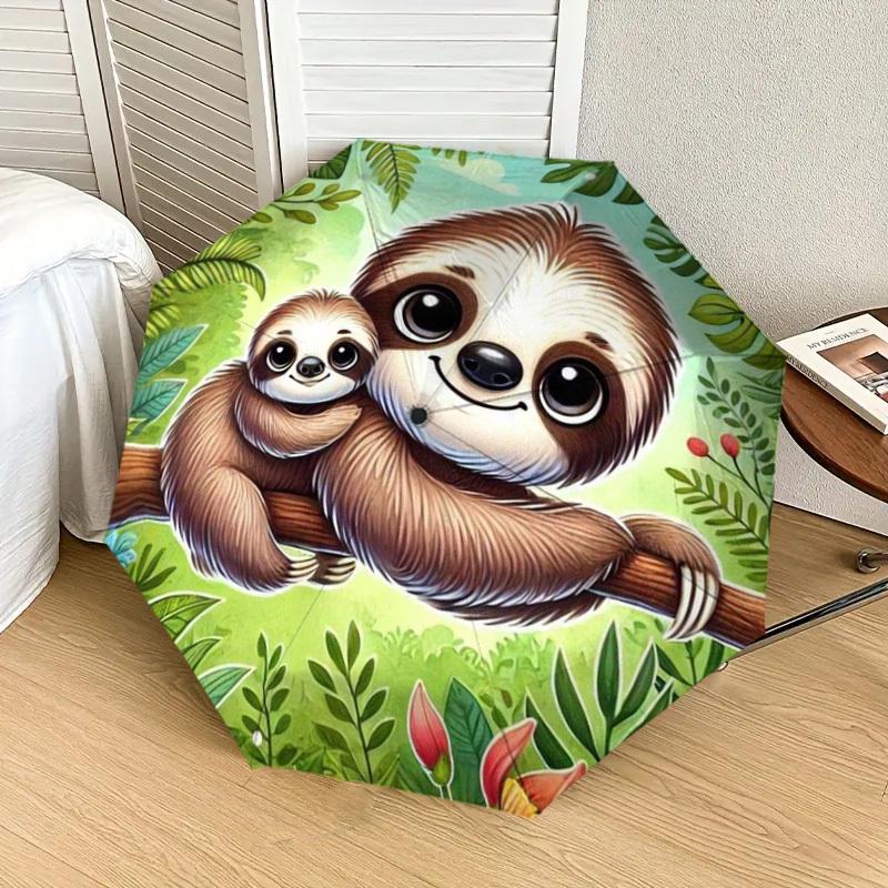 1pc Sloth Family in Tropical Forest Umbrella with Plastic Handle,Suitable for All Seasons Home Travel Outdoor UmbrellaDD1605