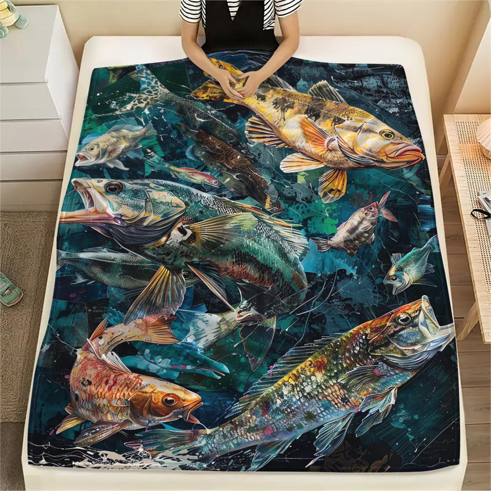 1Pc American Bass Fishing Print Flannel Blanket, High quality Comfortable for All Seasons, Home Decor, Warmth and Comfort, Perfect for Christmas Gifts