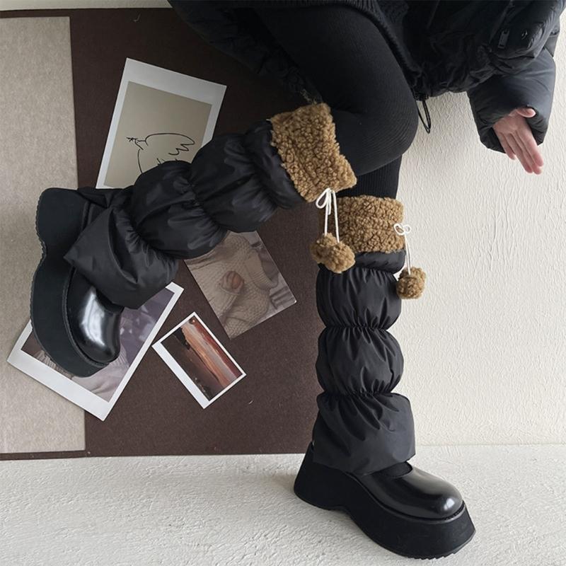 Lamb Fleece Trim Padded Puffer Leg Warmers with Cute Plush Balls for Women Warm Thermal Quilted Boot Cuffs Foot Covers