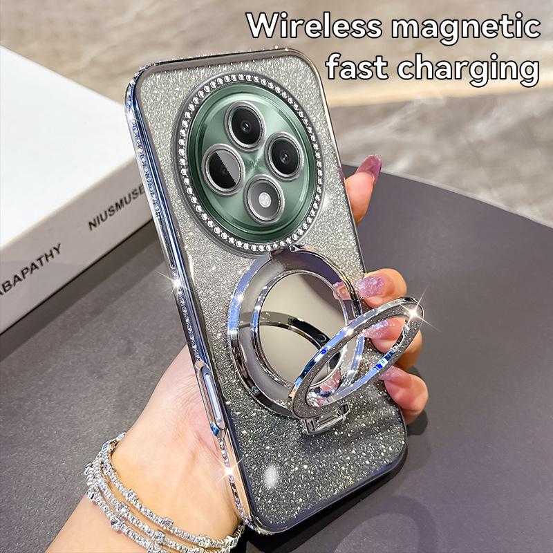 KEYSION Luxury Glitter Jewelled Magnetic Phone Case for OPPO Reno12 F 5G Makeup Mirror Stand Shockproof Cover for OPPO Reno 12F